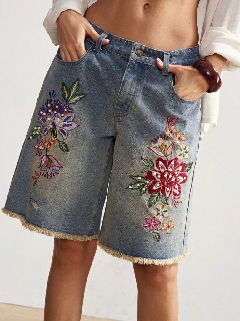 Blue Denim Bermuda Shorts With Embroidered Floral